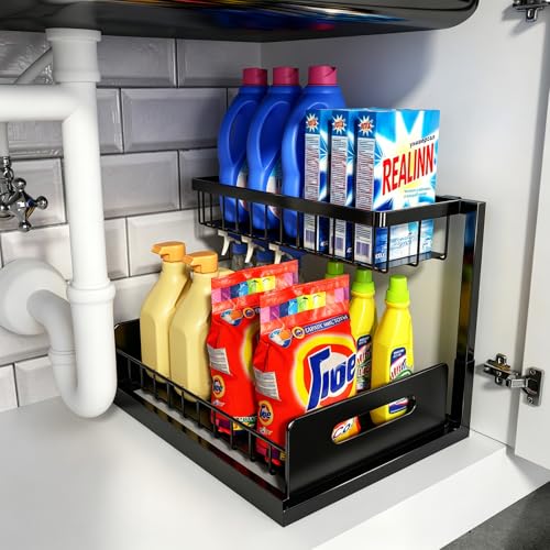 REALINN Under Sink Organizer, Pull Out Cabinet Organizer, 2 Tier Metal Slide Out Shelf with L Shaped Design for Kitchen, Bathroom, Laundry, and Utility Cabinet Storage for Deep Cabinets, Black, 1 Pack