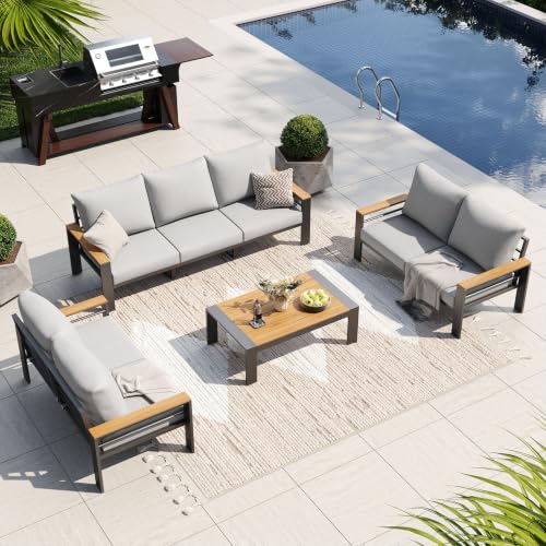 Image of Aoxun Patio Furniture Set, 7 Piece Aluminum Patio Sets With 5 inch Thicken & Washable Cushion, Waterproof Outdoor Furniture With Coffee Table, Outdoor Couch Sectional For Backyard, Porch And Garden (Grey)