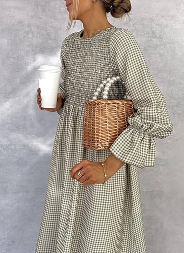 Women's Green Checkered Long Lantern Sleeve Shirred Waist Maxi Dress Crewneck Ruffled Hem Elegant Casual 2025 Fashion2