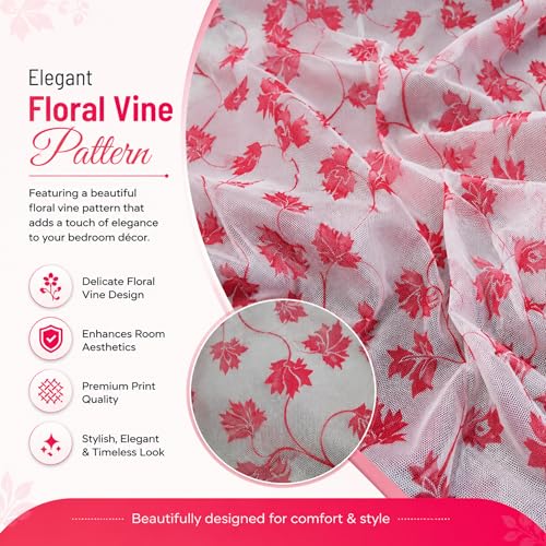 Image of Mosquito Net for King Size Bed & Double Bed, 6x7 Ft, Wall Hanging Machhardani, No Frame Required, Floral Vine Pattern, Premium Poly-Cotton Fabric, Breathable Mesh Ideal for AC Rooms (Rose Vine Pink)