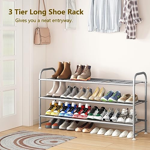 Image of LINZINAR Shoe Rack 3 Tier Long Metal Shoe Organizer for Closet Entryway Grey