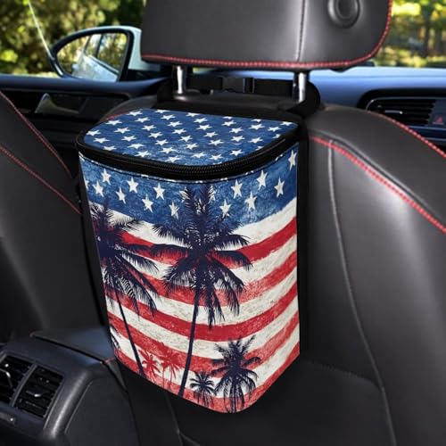 Image of Talayituse American Flag Palm Tree Print Car Trash Can Portable Auto Garbage Bin Multifunctional Vehicle Interior Accessories with Adjustable Straps 4th of July Decor Universal Fit Truck SUV Sedan