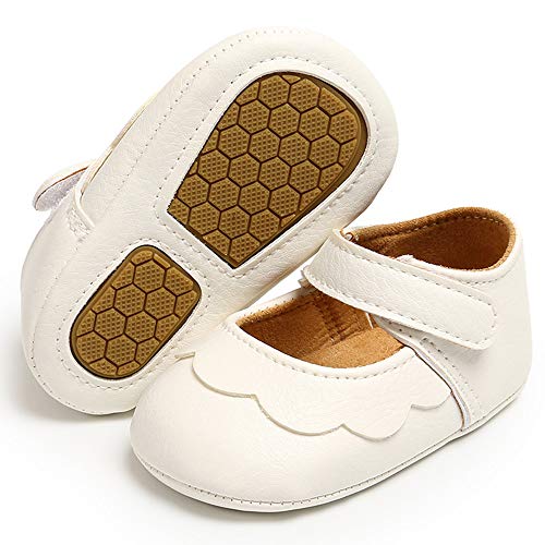 TIMATEGO Baby Girl Mary Jane Flats Shoes Non Slip Soft Sole Infant Toddler First Walker Wedding Princess Dress Crib Shoes, 6-12 Months Infant, 07 White