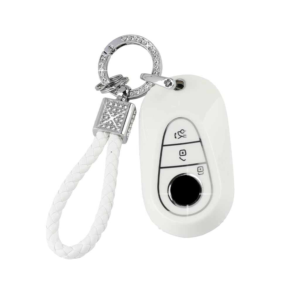 PIFOOG Key Cover for Mercedes Benz Bling Keychain 3 Buttons TPU Keys Fob Case Protector Accessories for 2021-2022 Mercedes-Benz S C SL Class Girly Women White Silver