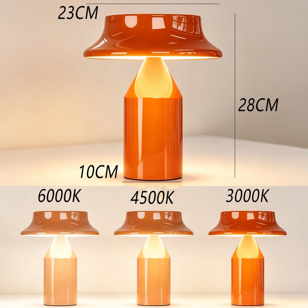 Lampada a LED a Forma di Fungo Arancione Ricaricabile Dimmerabile da Tavolo Senza fili con Comando Touch Ricaricabile Tramite USB Lampada a Batteria da 2000mAh in Metallo 3 Temperature di Colore
