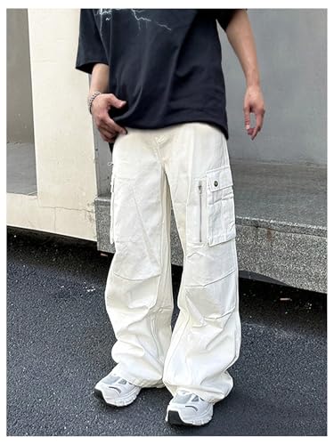 OYOANGLE Men's Wide Leg Cargo Pants Streetwear Drawstring Waist Hip Hop Baggy Track Pants with Pockets4