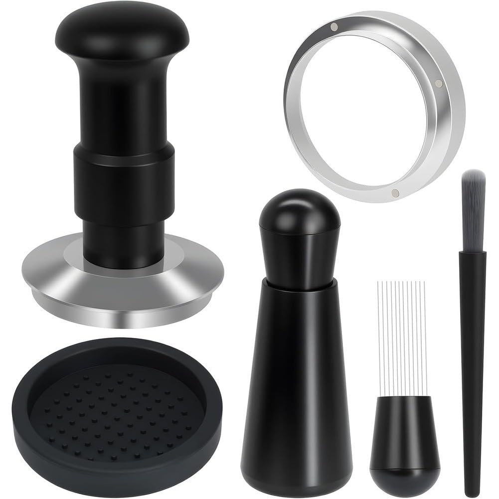 Prensador de acero inoxidable 304 de 58 mm con doble muelle de 15 kg de presión constante, autonivelante, incluye herramienta de distribución y anillo dosificador para máquina portafiltros (58 mm)