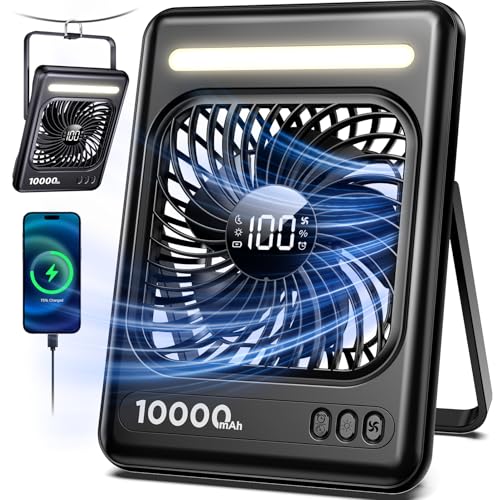 10000mAh Portable Travel Fan, 5 Speeds Strong Wind Cruise Fan with LED Lantern, 24H Runtime Personal Rechargeable Fan, 2/4/6/8H Timer, Ultra-thin Quiet Desk Fan for Camping, Office, Bedroom, Beach