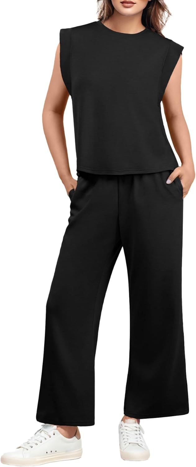 GRECERELLE 2026 Two Piece Sets for Women Summer Round Neck Cap Sleeve Top and Wide Leg Pants with Pockets