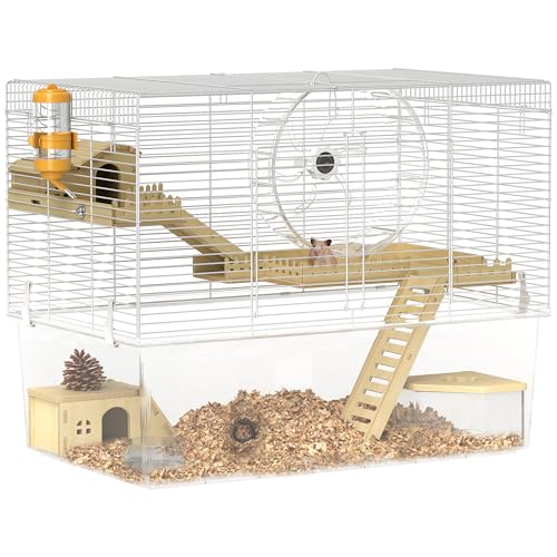 PawHut Cage à Hamster à 3 Niveaux, Cage Rongeur avec Roue d'exercice, Plateau Profond Transparent, cabanes, rampes, Bouteille d'eau, gamelle, bac à Sable, 59 x 35,5 x...