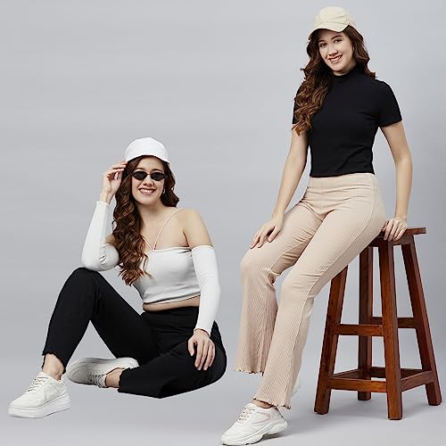 Image of BLINKIN Women's Stretch Fit Mid Rise Ribbed Stretchable Flared Pants | Boot Cut Bell Bottom Pants - Ideal for Yoga & Gym Wear,Casual Wear & Office Wear Trousers