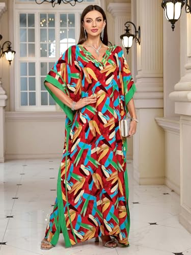 Image of KECVOT Kaftan Dresses for Women V-Neck Print Swimsuit Cover Up Plus Size Beach Caftan Lounge Dress
