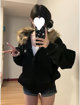 ジャケット・アウター Y2K fur mods coat velour coat emo Y2k Zip Up Hoodie Fur Jackets Winter Coats Teen Emo Grunge 2000s