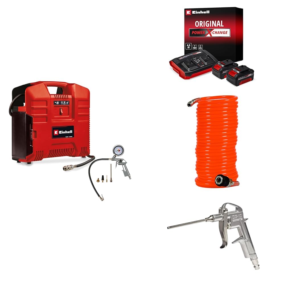 Einhell TE-AC 36/8 Li OF Set -Solo Akülü Kompresör - Çanta tipi + 18V 2 x 4,0 Ah PXC Twincharger Kit, Akü ve Şarj Cihazı + Spiral Hortum 6 mm, 8 m + Hava Tabancası- Uzun