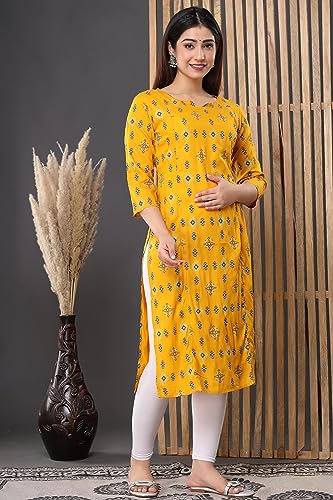 Image of Vinny's Creation Women's Cotton Maternity Kurti | Floral Printed Feeding Kurta with Hidden Zipper | Stylish Pregnancy Gown & Nursing Dress for Womens