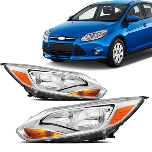 Headlights Assembly compatible with 2012 2013 2014 Ford Focus Halogen Headlamp with Bulbs Left Right Pair Chrome Housing OE Style