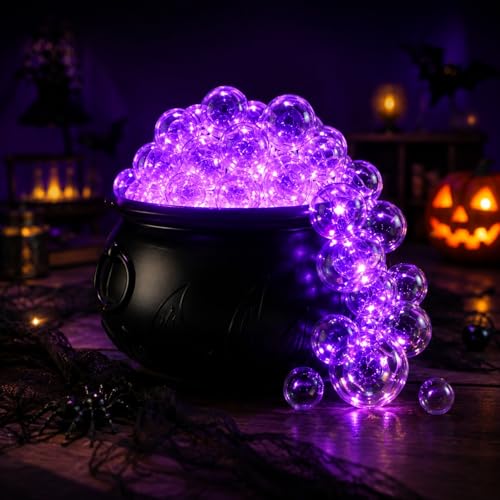 Halloween Cauldron Decor Indoor - Witches Bubbling Cauldron Kit w/ 30 LED Purple Lights 40 Orbs & Cotton - Vintage Hocus Pocus Theme Wireless Remote 8 Light Modes