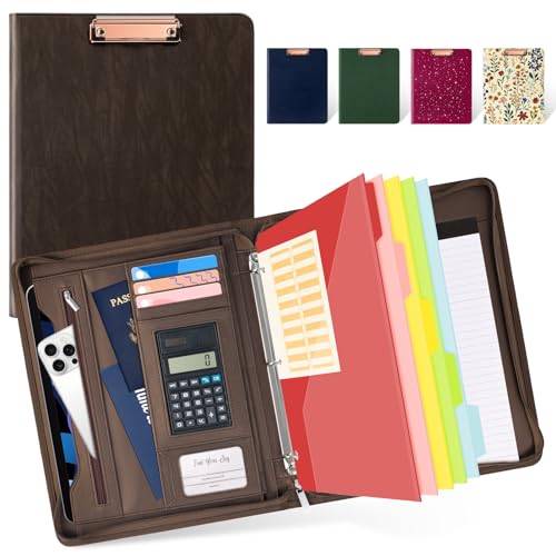 Image of Ospelelf Zippered Portfolio Binder, Leather Clipboard Folder with Storage, 3 Ring Binder 1 Inch, 12.1 inch Tablet Sleeve, 5 Dividers with Pocket, Refillable Notepad, Card Slot (Brown)