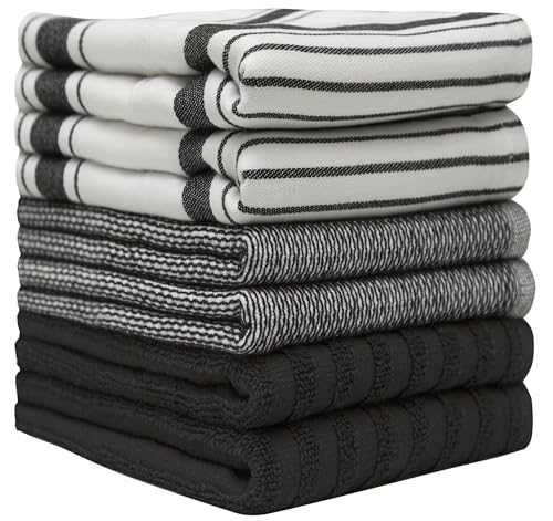 Image of Premium Kitchen Towels (20 inchx 28 inch, 6 Pack) | Large Cotton Dish Towels | Flat & Terry Highly Absorbent Kitchen Linen Set with Hanging Loop | Black Striped