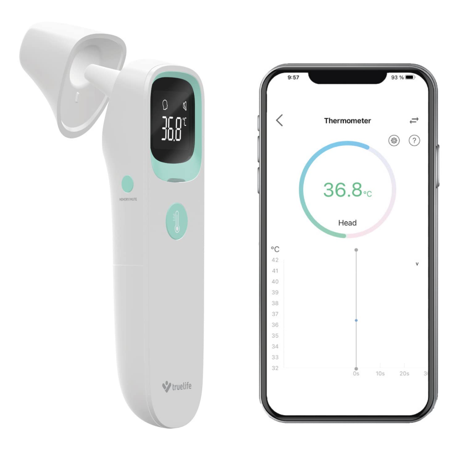 TrueLife Cuidado Q10 BT termómetro de frente y oído con Bluetooth y aplicación termómetro infrarrojo sin contacto para niños y adultos | CE, RoHS, ISO, SUKL aprobado