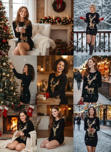 v28 Sequin Reindeer Christmas Sweater Dress for Women - Image 5