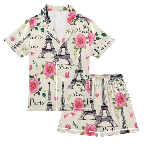 ALAZA Paris Eiffel Tower Blossom Flower Satin Pajamas Set Short Sleeve Button Down Sleepwear Summer Pjs 2 Piece
