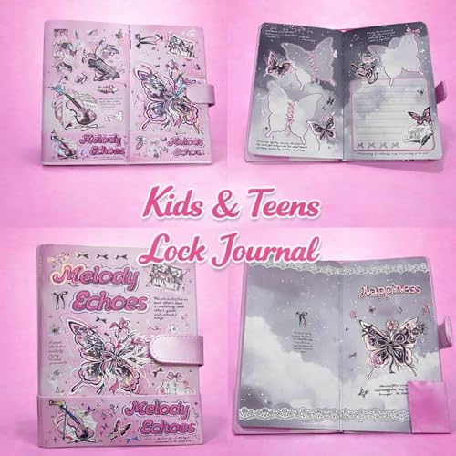 Image of PLUSPOINT Butterfly Aesthetic Scrapbook Kit for Girls - A5 Lock Diary Melody Echoes Theme with Stickers, Washi Tape, Memo Pads & Pen, Kawaii Journal Stationery Gift Set for DIY Scrapbooking