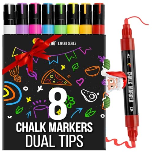 Zenacolor Liquid Chalk Markers - Dual Tips, 8 Vibrant Colors, Non-Toxic, Quick-Drying, Erasable for Blackboard, Windows, Glass, Cars - 24 Labels Included