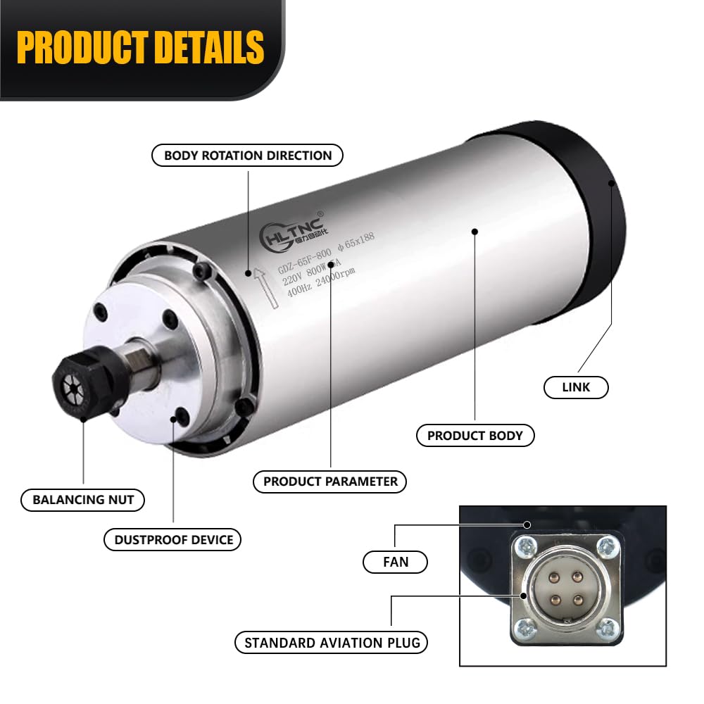 CNC Spindel Kit, 800w Luftkühlspindel Motor 24000rpm 4 Lager, VFD variabler Frequenzantrieb, 65mm Spindel Mount, 7-pcs ER11 Spannzangen für Fräsmaschine (0.8kw-220v)