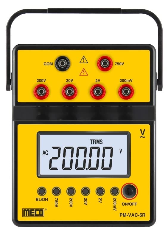 5 Digit AC TRMS Multi-Range Voltmeter , 0 - 200mV, 0 - 2V, 0 - 20V, 0 - 200V and 0 - 750V with Backlight Display, USB Port (Standard) and User Interface Software (Optional), Data Hold, APO, Low Battery Indication, Overload Indication, Strong Rugged Casing with Tilt Stand With Calibration Certificate with Traceability to NABL Lab will be supplied with every meter.