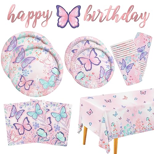 Butterfly Birthday Party Supplies Disposable Paper Plates Napkins Cups Tablecloth and Banner for Butterfly Girl Party Birthday Decorations Serve 25