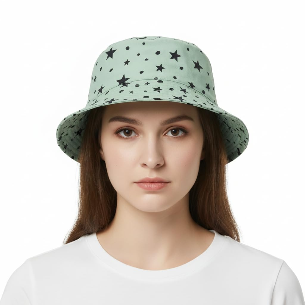 Women's Navi Blue White Star Pattern Reversible Bucket Hat Wide Brim Summer Sun Beach Travel Packable Fishing Hat-image-1