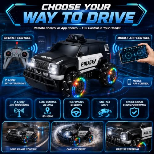 Image of 1:12 RC Police Stunt Drift Car with Camera, 2.4GHz Remote Control Car, LED Lights, Spray Mist, 360 Drift Wheels, USB Rechargeable 4WD Off-Road RC Car Toy for Kids Boys & Girls Age 6+