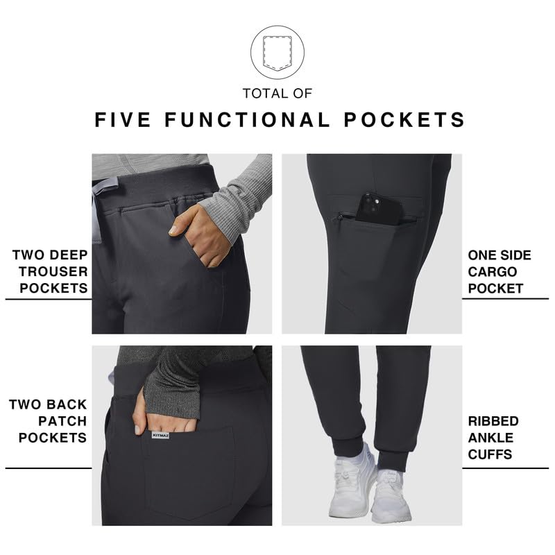 Image of Kitmaz Scrub Pants for Women - Mid Rise 4-Way Stretch Anti-Wrinkle Slim Fit Jogger Pants, Drawstring & 5 Pockets