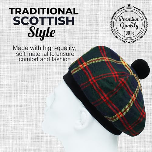 Image of Scottish Tam O' Shanter Hat Tartan Bonnet Pom Pom Wool Flat Cap One Size