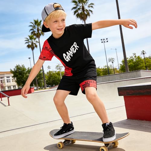 Image of OLMRJKD Boys 2 Piece Outfits Short Sleeve Colorblock T-shirt and Shorts Summer Casual Clothes for 6-12 Years