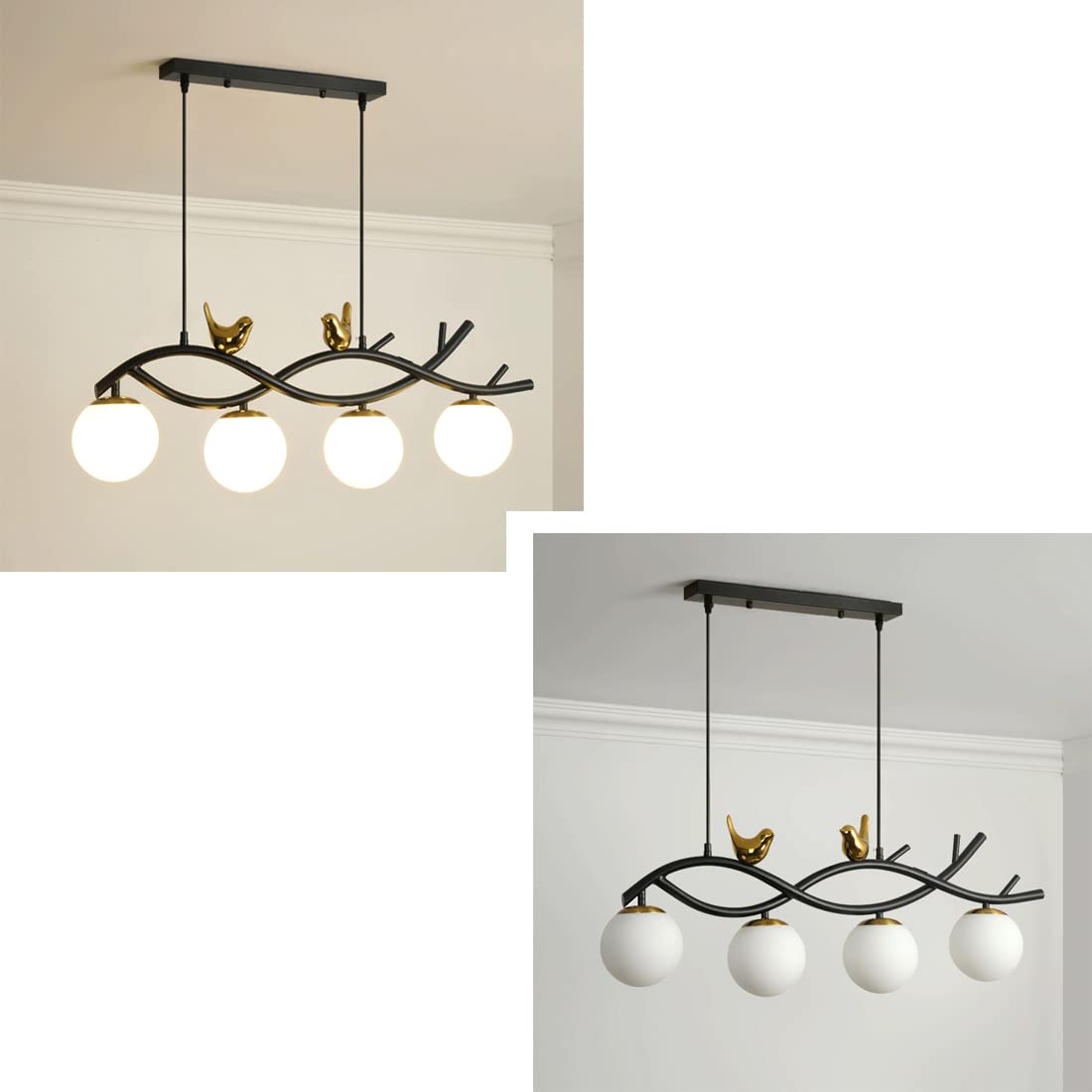 4 światła Szklana kula Oświetlenie żyrandola Matowe czarne lampy wiszące ze szklanym kloszem i pięknym wzorem ptaka, Vintage sufitowa lampa wisząca do sypialni Salon Jadalnia (A)