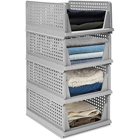 Hossejoy Set of 4 Stackable Storage Bins, Foldable Closet Organizers and Storage, Plastic Clothes Drawer Organizer Bins, Perfect for Wardrobe, Kitchen, Office, Bedroom & Bathrooms(Grey) Cover