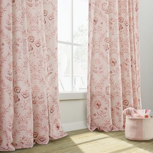 Image of Pink Floral Linen Sheer Curtains 45 Inch Length 2 Panels Set for Kitchen | Patterned Drapes, Semi Sheer, Girls Bedroom, Back Tab, Rod Pocket, Farmhouse, Boho, Cute, Short Cafe Window 52x45, Blush