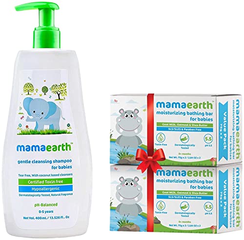 Image of Mamaearth Gentle Cleansing Natural Baby Shampoo (400 Ml) And Mamaearth Bathing Bar For Babies - Pack Of 4