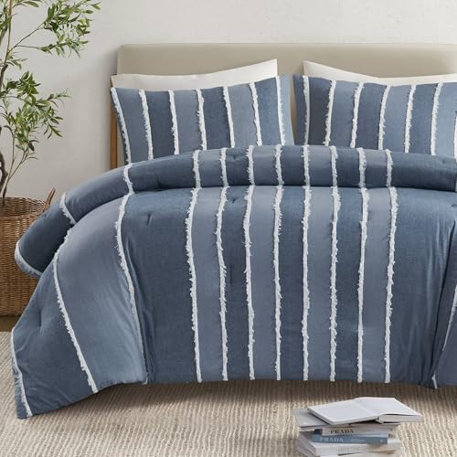 Image of INK+IVY Queen Comforter Set Boho Comforters Stripes, Clipped Jacquard, Cotton Comforter for Queen Size Bed, All Season Poly Fill Lightweight Queen Bedding & Shams, Shay, Full /Queen, Blue 3 Piece