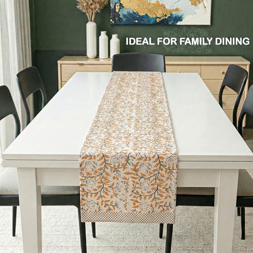 Image of Kuber Industries 13x72 Inch Dining Table Runner for Home Decor | 6 Seater Cotton Table Protecter Use for Kitchen & Buffet Cabinet | Vine Print - White & Yellow