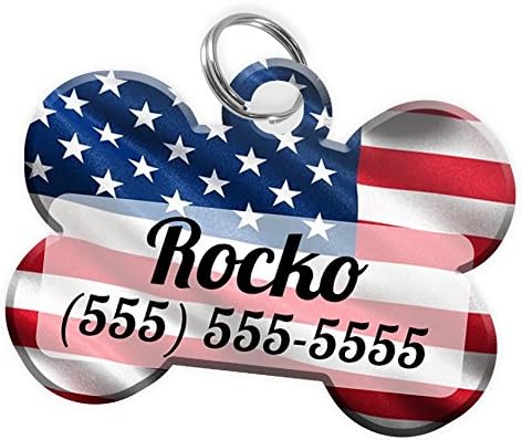 Pet ID Dog Tag (Bone Shaped) USA Flag Personalized Custom Pet Tag with Pets Name & Contact Number [Multiple Other Font Choices] [USA…