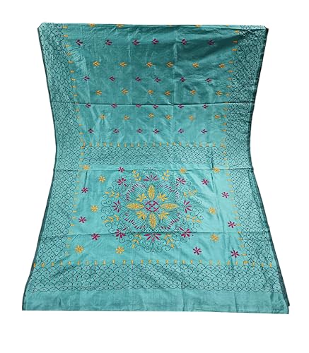 Image of SHRISTI CLOTHINGS Women's Hand Embroidered Cotton Silk Kantha Stitch Saree with Blouse Piece (J420724 LIGHTGREY)