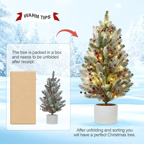 24 Inch Pre-lit Table Top Christmas Tree with Lights, Artificial Small Green Christmas Tree with Cement Basin Base, Miniature Pine Christmas Trees for Table Office Dorm Desk Decorations