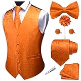 GUSLESON Orange Vest Paisley Suit Vest Tie and Bow Tie Set Silk Floral Waistcoat Necktie and Pocket Square Lapel Pin Set (0808-01-M)