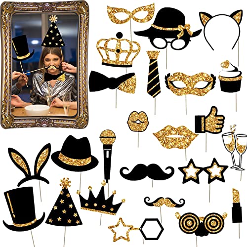 24 pcs Accesorios Photocall, Marco de Fotos Inflable,Kit Photobooth Accessori Foto Bolsa Cotillon Nochevieja Complementos Photocall Photobooth Natalizi Adecuado(Oro Negro)