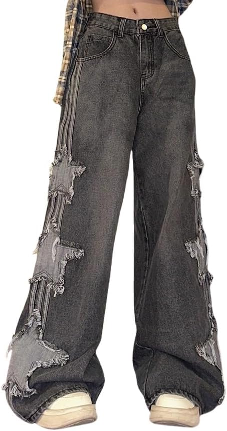 Y2K Baggy Ripped Jeans for Women – Wide Leg Butterfly Print & Star Patch Distressed Denim Pants High Waist Streetwear