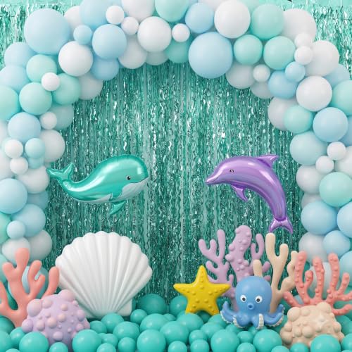 Image of TONIFUL 2Pcs Mint Green Blue Metallic Foil Fringe Curtain Laser Streamers | 3.3ftx6.6ft Ocean Themed Birthday Photo Booth Backdrop Door Streamer for Bachelorette Baby Shower Summer Pool Beach Party