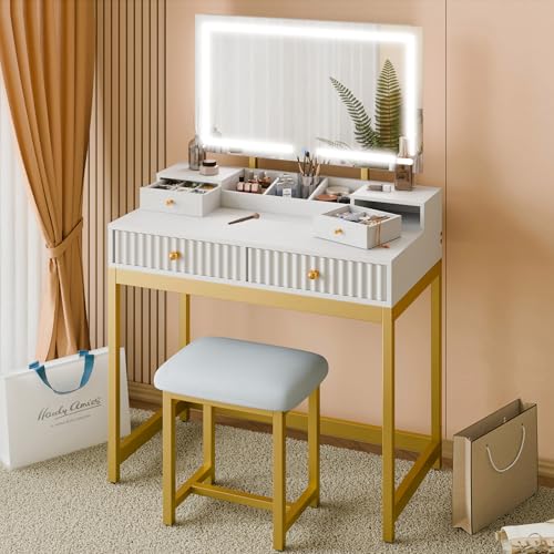 Mondeer Coiffeuse avec Miroir LED et Tabouret, Table de Maquillage avec 2 Tiroirs 2 Boîtes à Bijoux et 3 Étagères de Rangement Luminosité Réglable Cadre en Métal,...